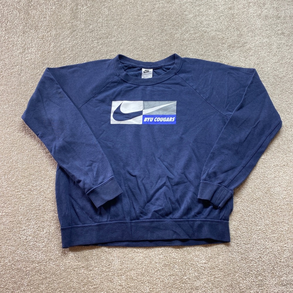 Nike Sweatshirt Womens Small BYU Cougars Crewneck Blue Raglan Sleeve